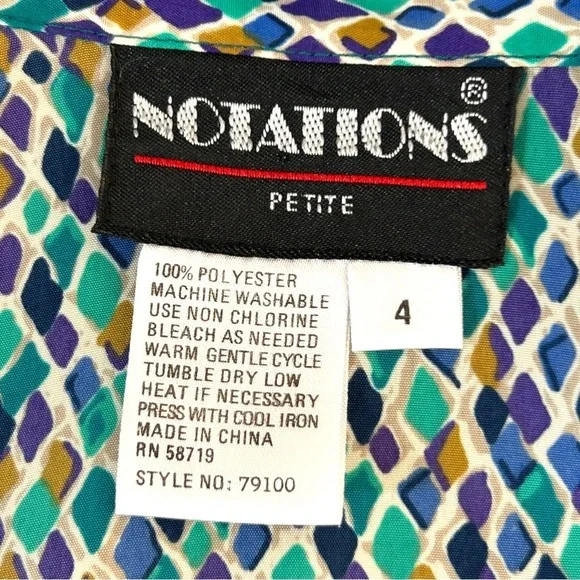 4/$20 Notations Geometric Print Button Front Blouse Blue Green - Petite 4 - Picture 4 of 5